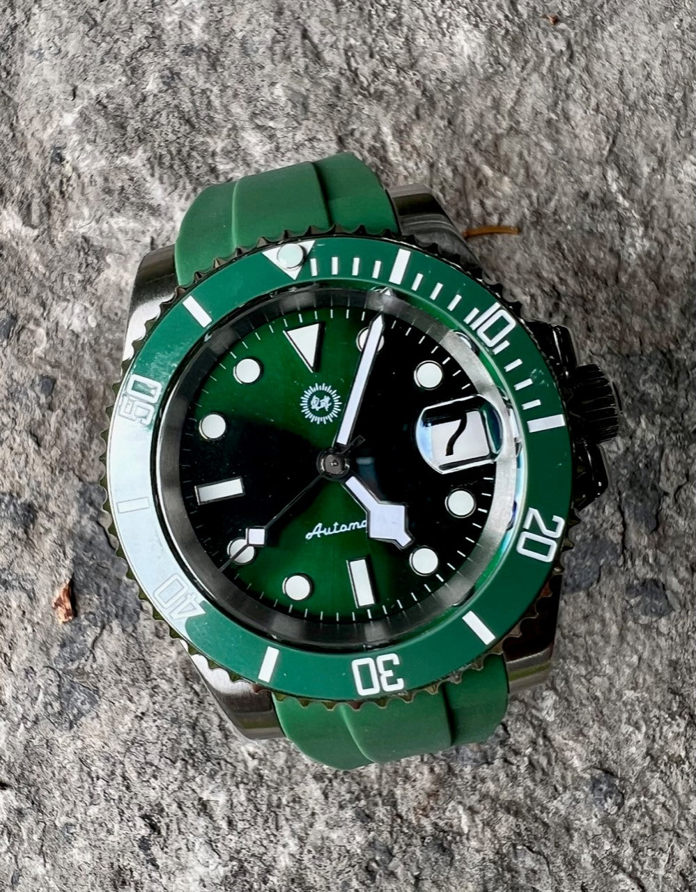 Triple Green Submariner "HULK" -Style Watch w/ NH35 Automatic Movement, Ceramic Bezel, Green Rubber Oyster-Style Band