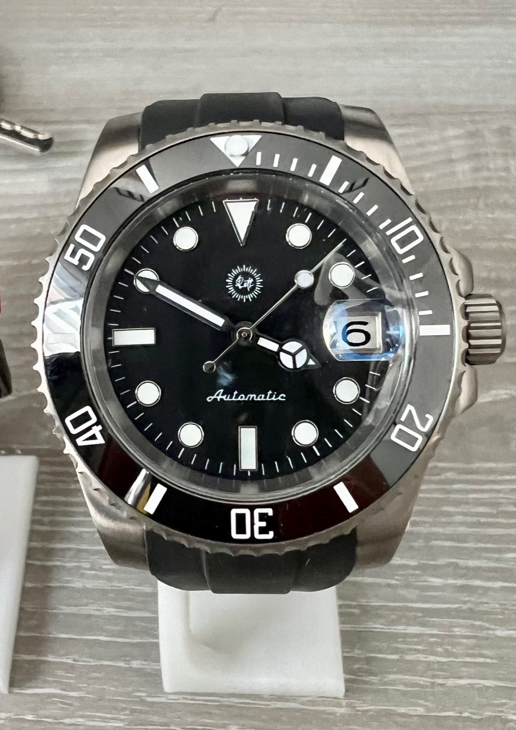 Titanium Submariner-Style Watch w/ NH35 Automatic Movement, Ceramic Bezel, Black Rubber Oyster-Style Band