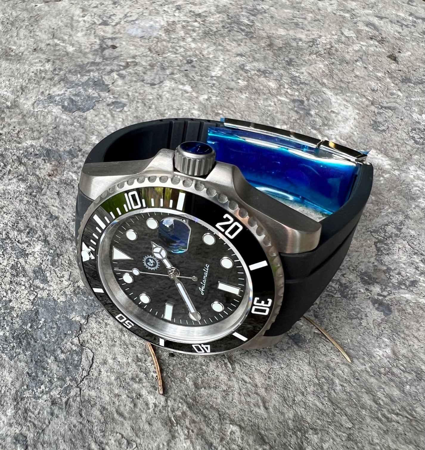 Titanium Submariner-Style Watch w/ NH35 Automatic Movement, Ceramic Bezel, Black Rubber Oyster-Style Band