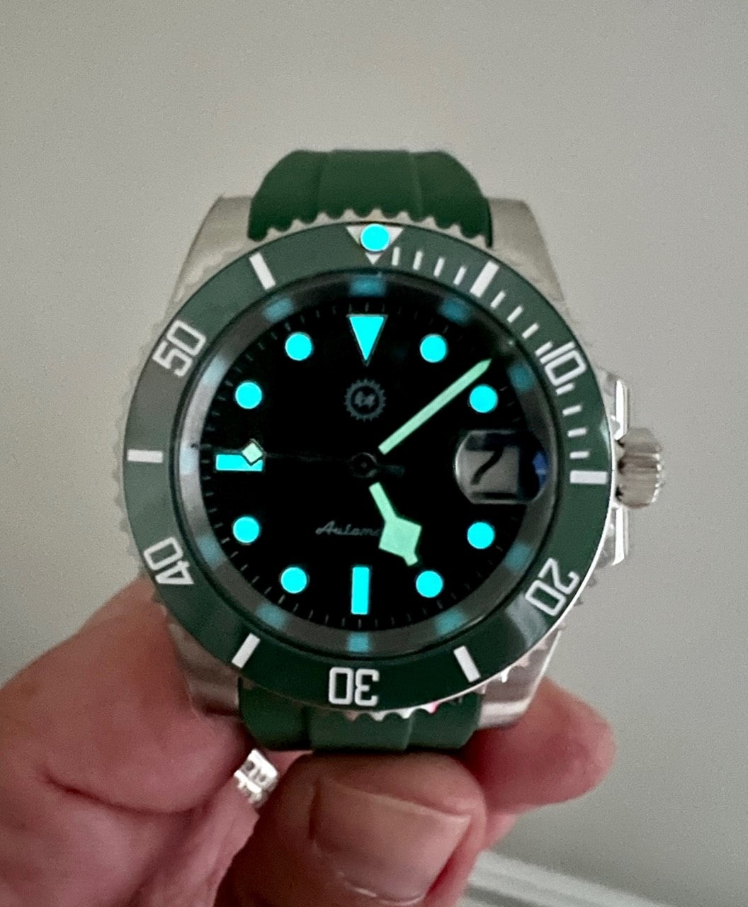 Triple Green Submariner "HULK" -Style Watch w/ NH35 Automatic Movement, Ceramic Bezel, Green Rubber Oyster-Style Band