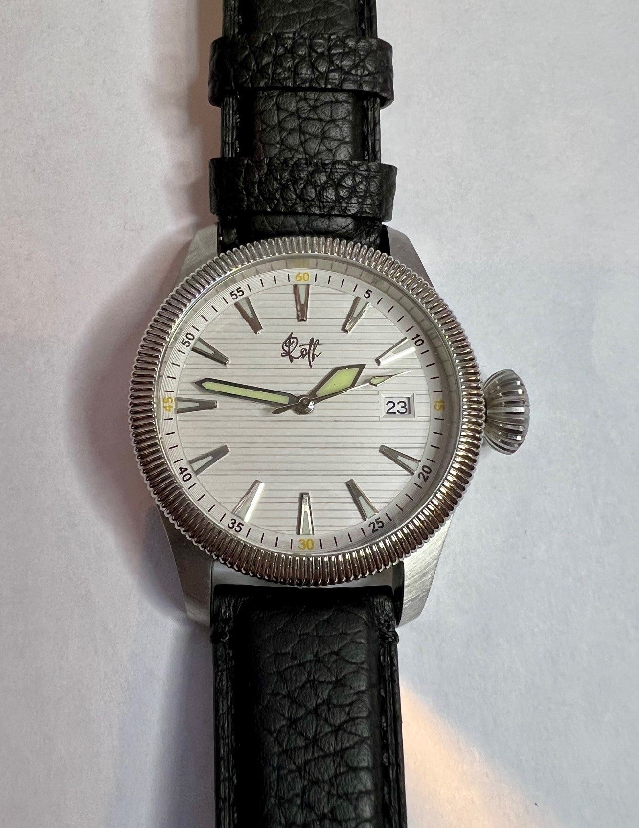 39mm Vintage-Style Automatic Watch, Onion Crown, NH35 Movement, White Dial w/ Black Leather Strap